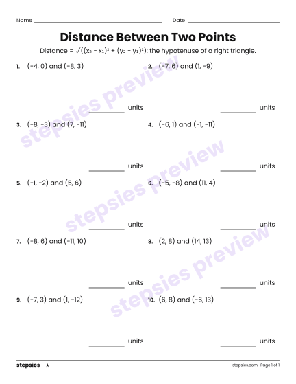 Distance Between Two Points, a free printable worksheet from Stepsies (Grade 8 Math · Level 1)