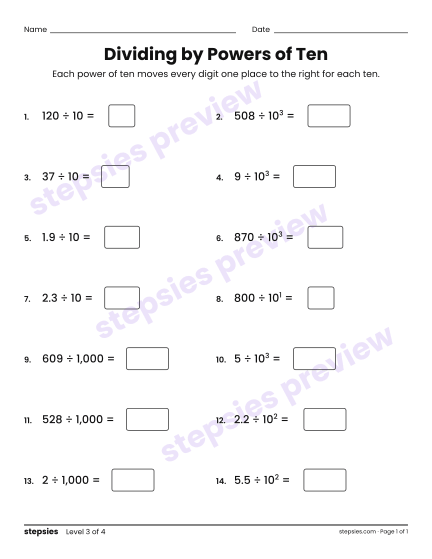 Dividing by Powers of Ten, a free printable worksheet from Stepsies (Grade 5 Math · Level 3)