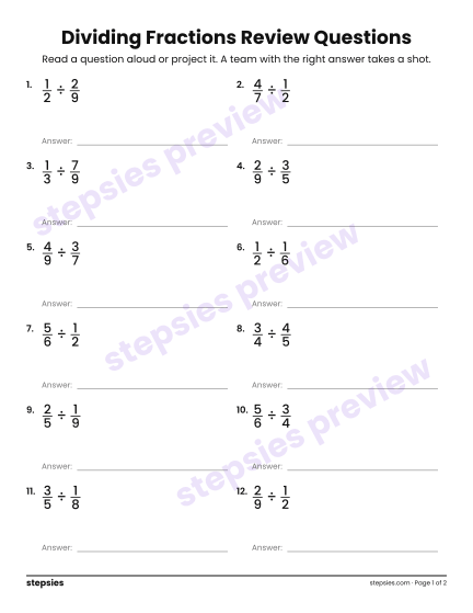 Dividing Fractions: Trashketball Review Questions, a free printable worksheet from Stepsies (Grade 6 Math)