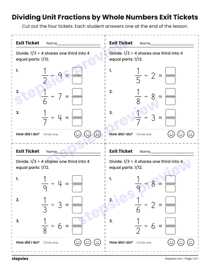 Dividing Unit Fractions by Whole Numbers Exit Tickets, a free printable worksheet from Stepsies (Grade 5 Math · Level 1)