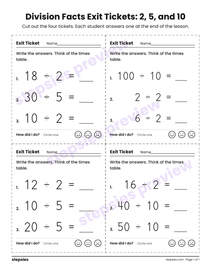 Division Facts Exit Tickets: 2, 5, and 10, a free printable worksheet from Stepsies (Grade 3 Math · Level 1)
