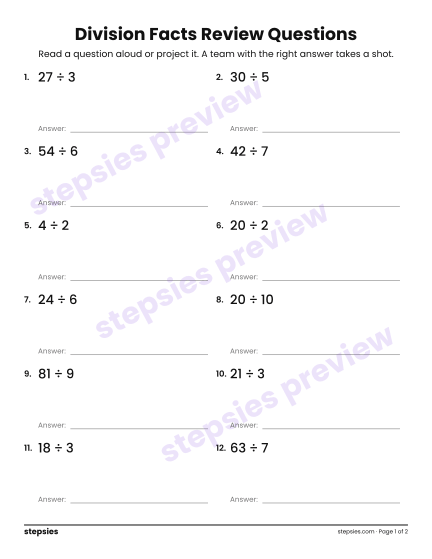 Division Facts: Trashketball Review Questions, a free printable worksheet from Stepsies (Grade 3 Math)