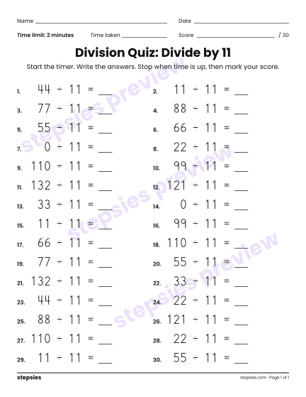 Division Quiz: Divide by 11, a free printable worksheet from Stepsies (Grades 4–5 Math)