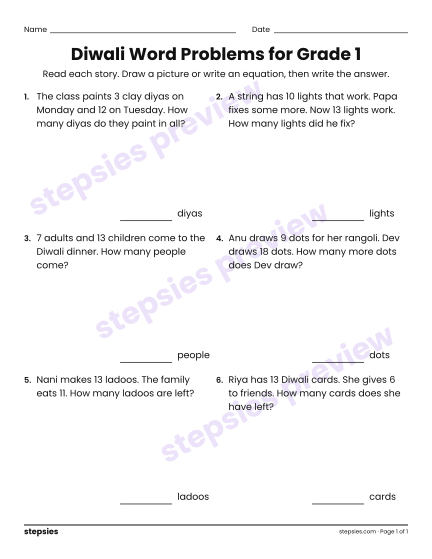 Diwali Word Problems for Grade 1, a free printable worksheet from Stepsies (Grade 1 Math)