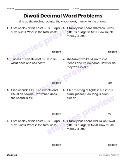 Diwali Decimal Word Problems, a free printable worksheet from Stepsies (Grade 5 Math)