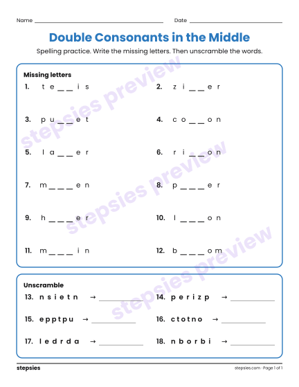 Double Consonants in the Middle: Spelling Practice, a free printable worksheet from Stepsies (Grade 2 Language · Level 2)
