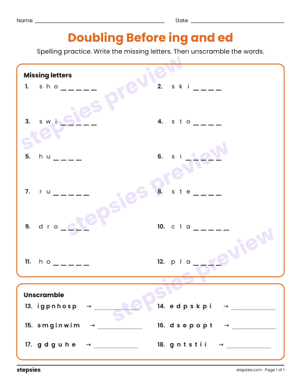 Doubling Before ing and ed: Spelling Practice, a free printable worksheet from Stepsies (Grade 3 Language · Level 2)