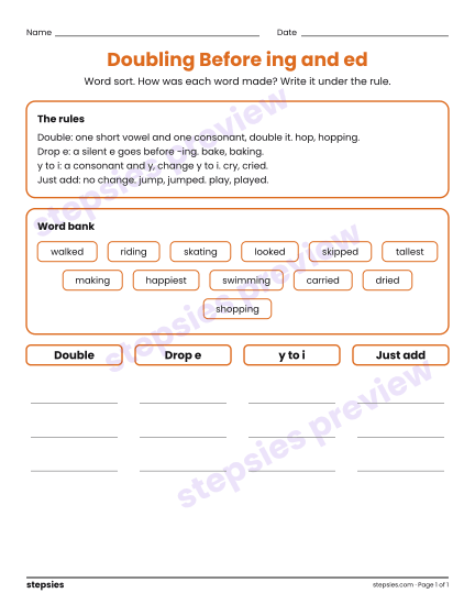Doubling Before ing and ed: Word Sort, a free printable worksheet from Stepsies (Grade 3 Language · Level 3)