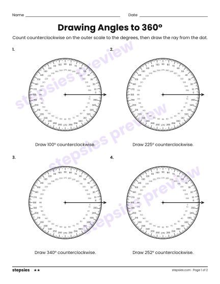 Drawing Angles to 360°, a free printable worksheet from Stepsies (Grade 6 Math · Level 2)