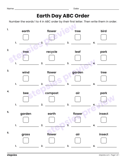 Earth Day ABC Order, a free printable worksheet from Stepsies (Grades 1–2 Language · Level 1)