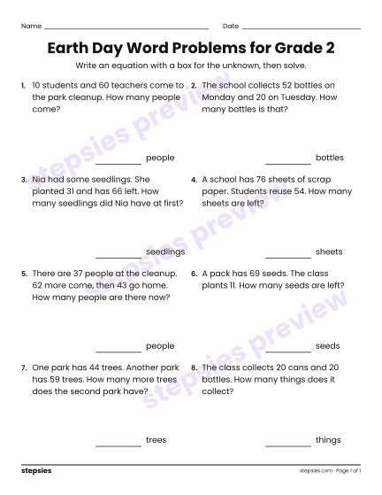 Earth Day Word Problems for Grade 2, a free printable worksheet from Stepsies (Grade 2 Math)