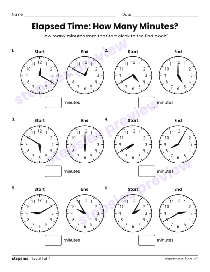 Elapsed Time: How Many Minutes?, a free printable worksheet from Stepsies (Grades 3–4 Math · Level 1)