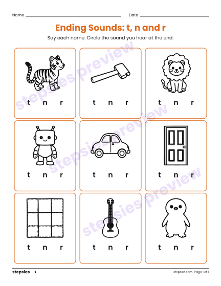 Ending Sounds: t, n and r, a free printable worksheet from Stepsies (Grades K–1 Language · Level 1)