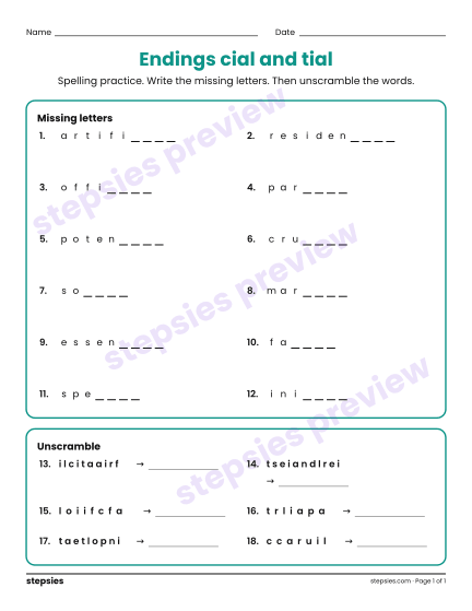 Endings cial and tial: Spelling Practice, a free printable worksheet from Stepsies (Grade 5 Language · Level 2)