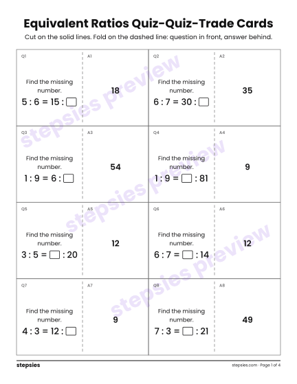 Equivalent Ratios: Quiz-Quiz-Trade Cards, a free printable worksheet from Stepsies (Grade 6 Math)