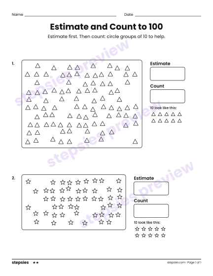 Estimate and Count to 100, a free printable worksheet from Stepsies (Grade 2 Math · Level 2)