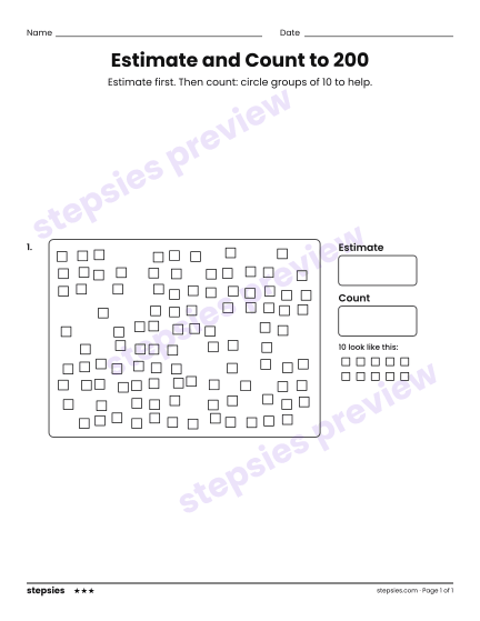 Estimate and Count to 200, a free printable worksheet from Stepsies (Grade 2 Math · Level 3)