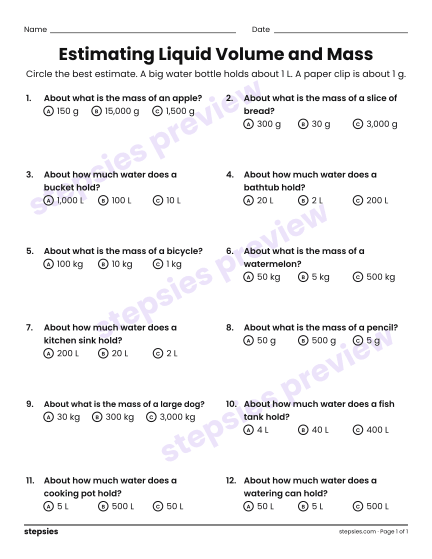 Estimating Liquid Volume and Mass, a free printable worksheet from Stepsies (Grade 3 Math)