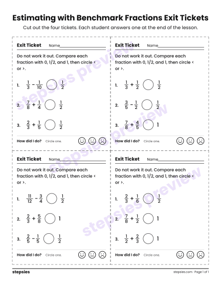 Estimating with Benchmark Fractions Exit Tickets, a free printable worksheet from Stepsies (Grade 4 Math)