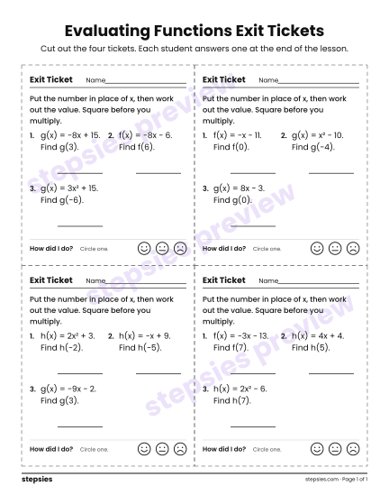 Evaluating Functions Exit Tickets, a free printable worksheet from Stepsies (Grade 8 Math · Level 1)
