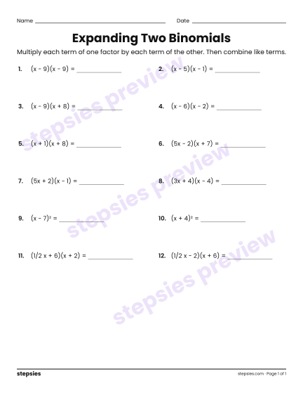 Expanding Two Binomials, a free printable worksheet from Stepsies (Grade 8 Math)