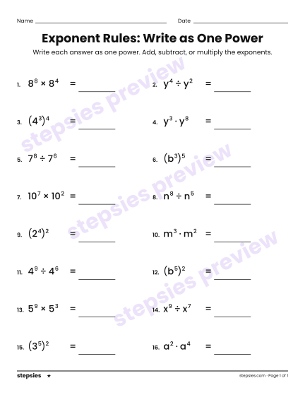 Exponent Rules: Write as One Power, a free printable worksheet from Stepsies (Grade 8 Math · Level 1)