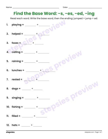 Find the Base Word: -s, -es, -ed, -ing, a free printable worksheet from Stepsies (Grade 1 Language · Level 1)