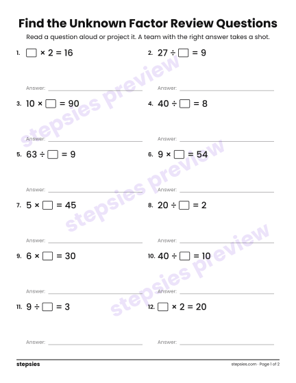 Find the Unknown Factor: Trashketball Review Questions, a free printable worksheet from Stepsies (Grade 3 Math)
