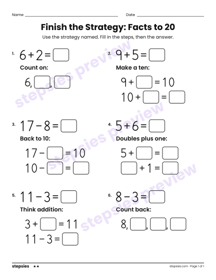 Finish the Strategy: Facts to 20, a free printable worksheet from Stepsies (Grade 1 Math · Level 2)
