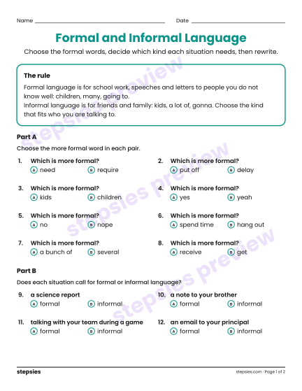 Formal and Informal Language, a free printable worksheet from Stepsies (Grades 4–5 Language)