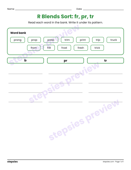 R Blends Sort: fr, pr, tr, a free printable worksheet from Stepsies (Grades K–1 Language · Level 3)