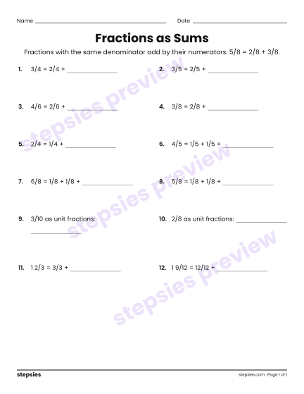 Fractions as Sums, a free printable worksheet from Stepsies (Grade 4 Math)