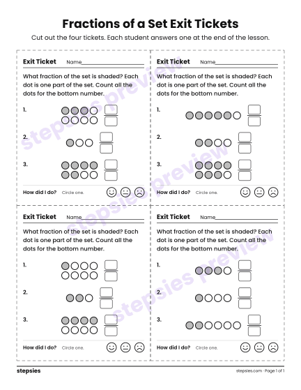 Fractions of a Set Exit Tickets, a free printable worksheet from Stepsies (Grades 3–4 Math · Level 3)