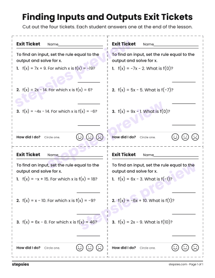 Finding Inputs and Outputs Exit Tickets, a free printable worksheet from Stepsies (Grade 8 Math · Level 2)