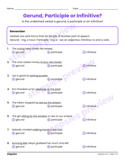 Gerund, Participle or Infinitive?, a free printable worksheet from Stepsies (Grade 8 Language · Level 3)