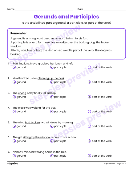 Gerunds and Participles, a free printable worksheet from Stepsies (Grades 6–8 Language · Level 1)
