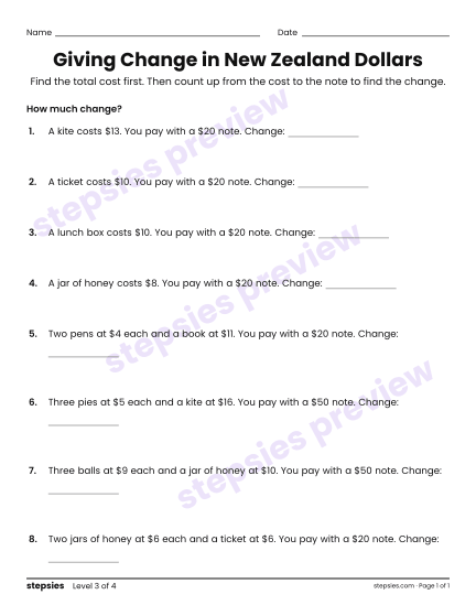 Giving Change in New Zealand Dollars, a free printable worksheet from Stepsies (Grades 2–3 Math · Level 3)