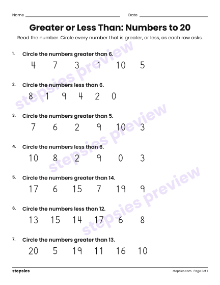 Greater or Less Than: Numbers to 20, a free printable worksheet from Stepsies (Kindergarten Math)