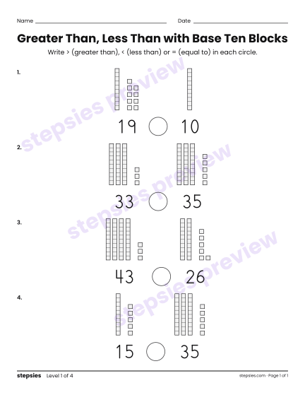 Greater Than, Less Than with Base Ten Blocks, a free printable worksheet from Stepsies (Grade 1 Math · Level 1)