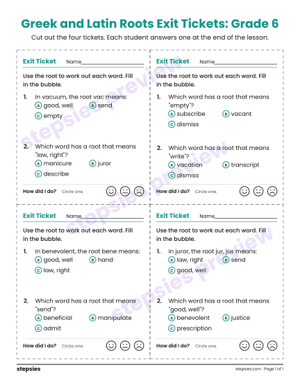 Greek and Latin Roots Exit Tickets: Grade 6, a free printable worksheet from Stepsies (Grade 6 Language · Level 1)