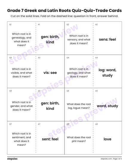 Grade 7 Greek and Latin Roots: Quiz-Quiz-Trade Cards, a free printable worksheet from Stepsies (Grade 7 Language)