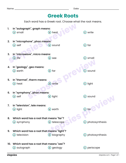Greek Roots, a free printable worksheet from Stepsies (Grades 5–8 Language)