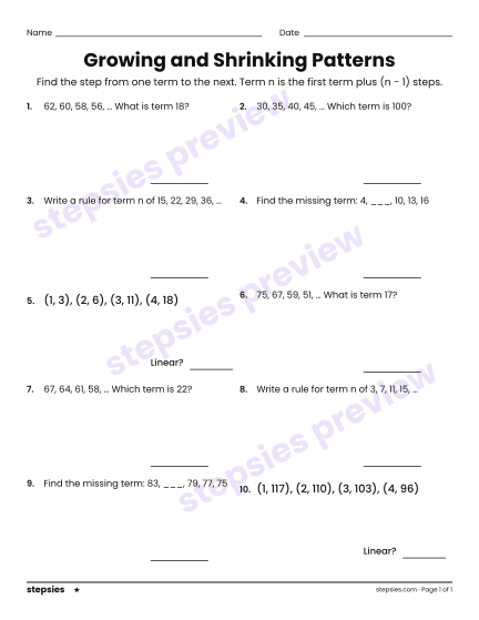 Growing and Shrinking Patterns, a free printable worksheet from Stepsies (Grade 6 Math · Level 1)