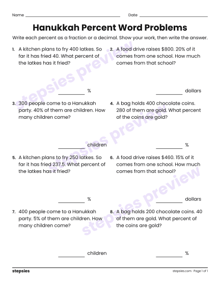 Hanukkah Percent Word Problems, a free printable worksheet from Stepsies (Grade 6 Math)