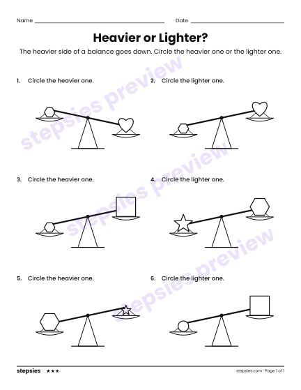 Heavier or Lighter?, a free printable worksheet from Stepsies (Kindergarten Math · Level 3)