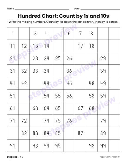 Hundred Chart: Count by 1s and 10s, a free printable worksheet from Stepsies (Grades K–1 Math · Level 2)