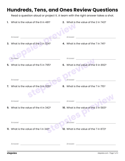 Hundreds, Tens, and Ones: Trashketball Review Questions, a free printable worksheet from Stepsies (Grade 2 Math)