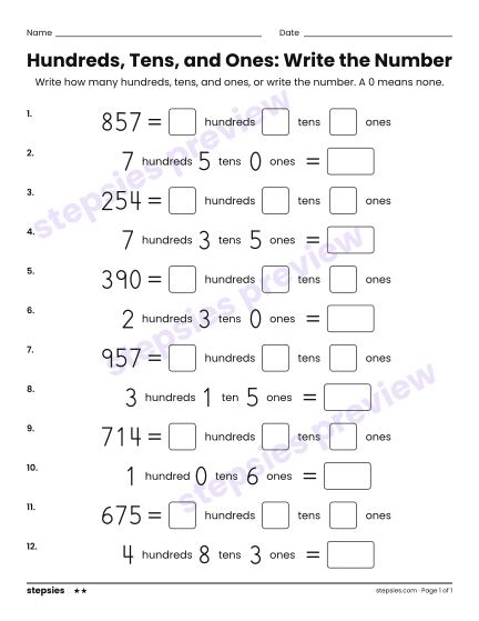 Hundreds, Tens, and Ones: Write the Number, a free printable worksheet from Stepsies (Grades 2–3 Math · Level 2)