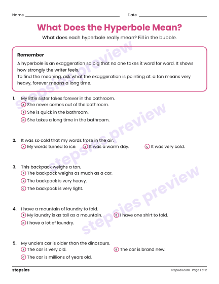 What Does the Hyperbole Mean?, a free printable worksheet from Stepsies (Grades 6–8 Language · Level 2)