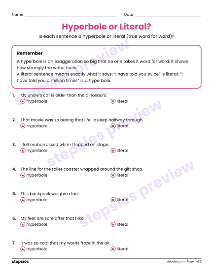 Hyperbole or Literal?, a free printable worksheet from Stepsies (Grades 6–8 Language · Level 1)